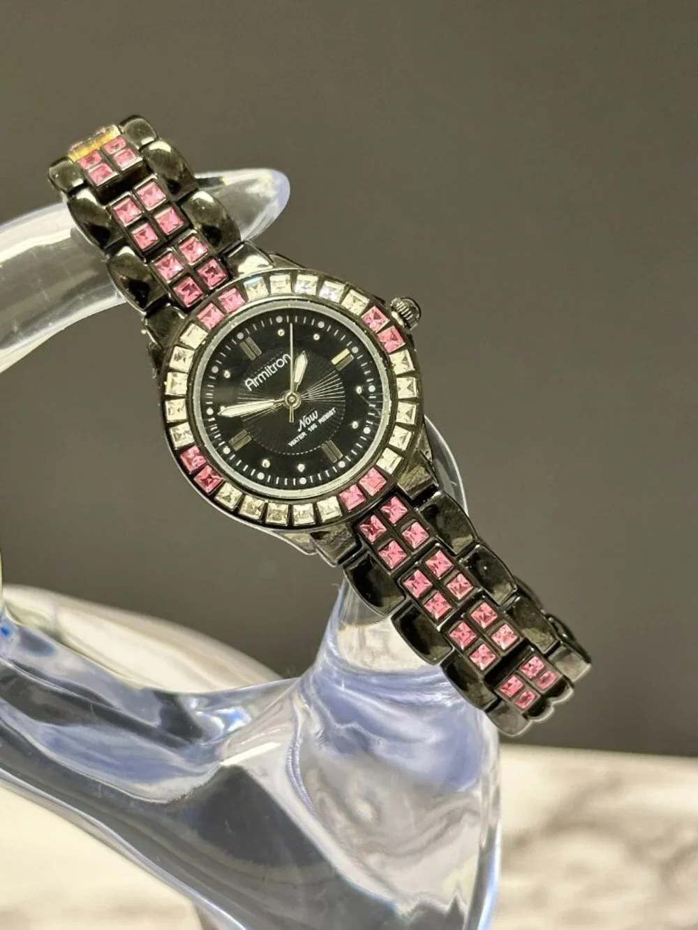Armitron Watch Women Black Dial Pink Clear Crystal Bezel New Battery 6.5 Inch